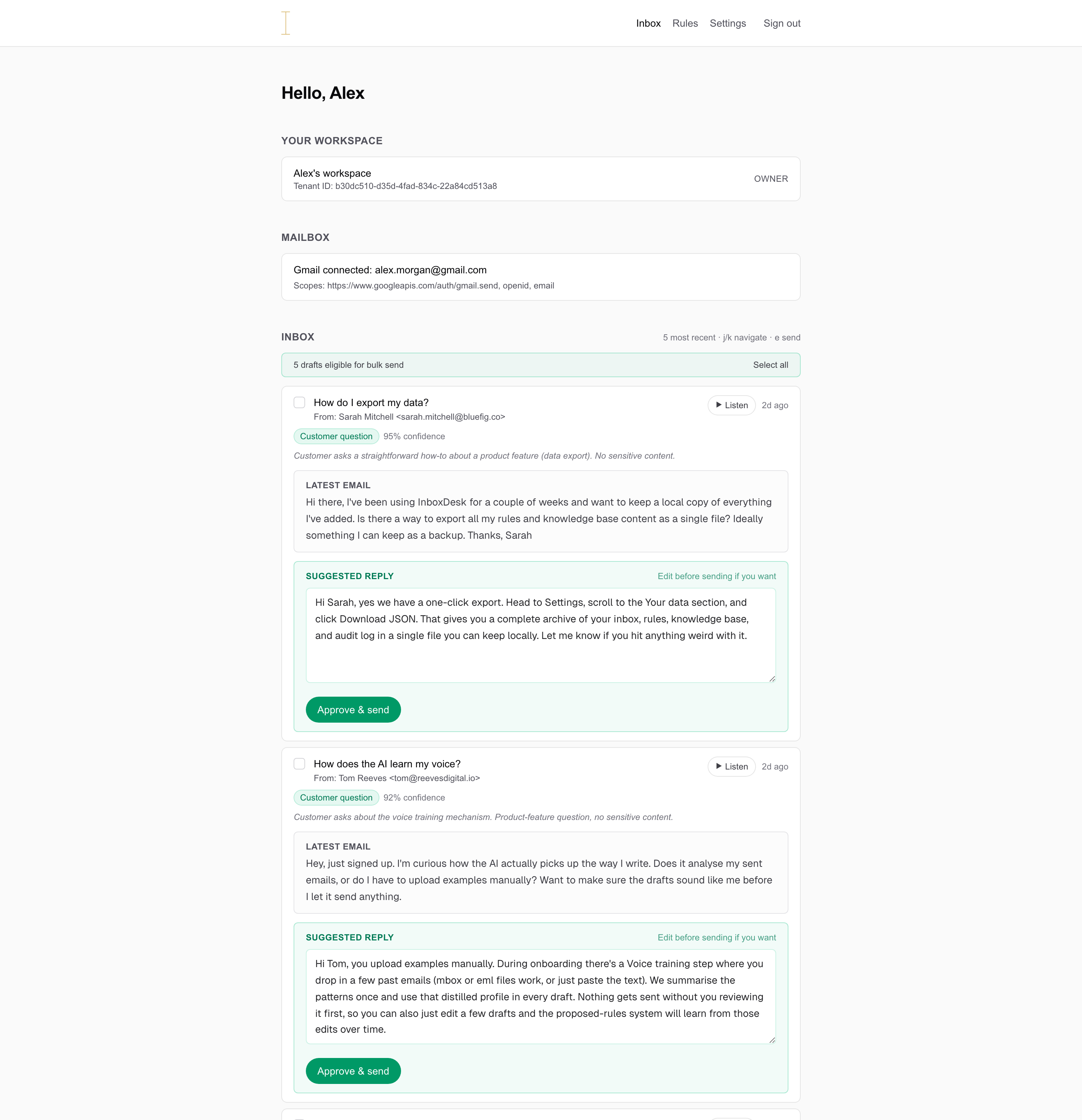 InboxDesk dashboard: two customer questions classified, with AI-drafted replies ready to approve and send